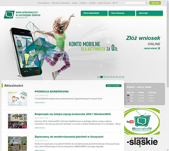 screen strony https://www.bsjastrzebie.pl - Strona firmowa banku. Technologie: backend framework Symfony