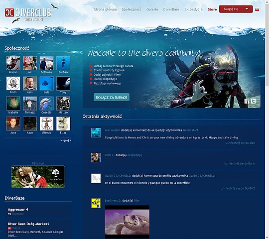 screen strony http://www.diverclub.org - Portal społecznościowy dla miłośników nurkowania. Technologie: backend framework Symfony