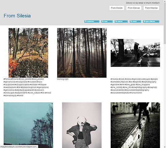 screen strony www.fromsilesia.pl - Społecznościowa gazeta obrazkowa - bieżące informacji z regionu w postaci zdjęć z Instagrama. Technologie: frontend (Foundation, html, css, js) oraz backend (framework Symfony3)
